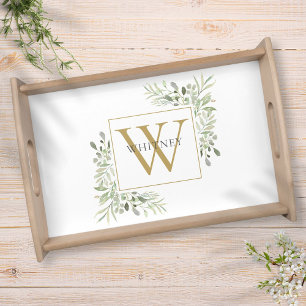 Gold Monogram Elegant Greenery Foliage Serving Tray
