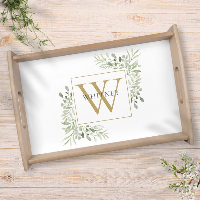 Gold Monogram Elegant Greenery Foliage Serving Tray (Gold Monogram Elegant Greenery Foliage Serving Tray)