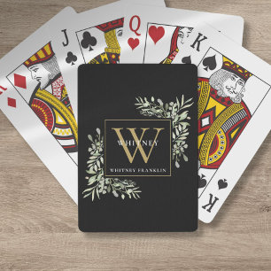 Gold Monogram Elegant Greenery Modern Black Poker Cards