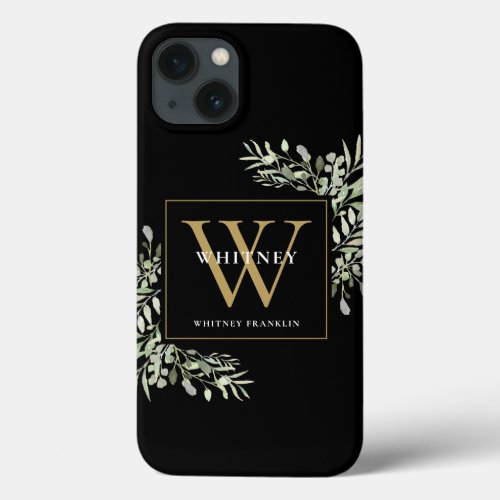 Gold Monogram Elegant Modern Black Greenery iPhone 13 Case
