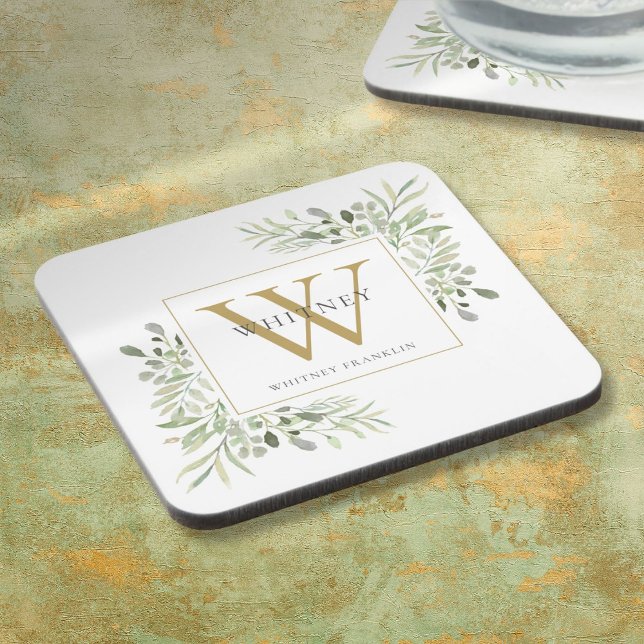 Gold Monogram Elegant Modern Greenery Beverage Coaster (Gold Monogram Elegant Modern Greenery Beverage Coaster)
