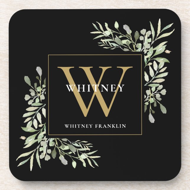 Gold Monogram Elegant Modern Greenery Black Beverage Coaster (Front)