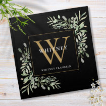 Gold Monogram Elegant Modern Greenery Black Cloth Napkin