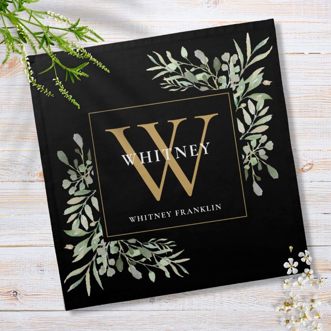 Gold Monogram Elegant Modern Greenery Black Cloth Napkin (Creator Uploaded)