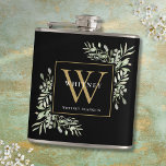 Gold Monogram Elegant Modern Greenery Black Flask at Zazzle