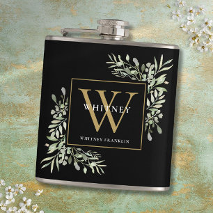 Gold Monogram Elegant Modern Greenery Black Flask