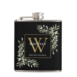 Gold Monogram Elegant Modern Greenery Black Flask