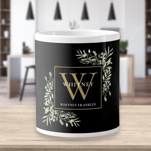 Gold Monogram Elegant Modern Greenery Black Giant Coffee Mug