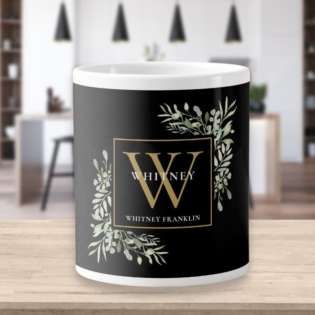 Gold Monogram Elegant Modern Greenery Black Giant Coffee Mug (Creator Uploaded)