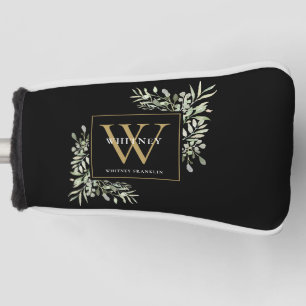 Gold Monogram Elegant Modern Greenery Black Golf Head Cover