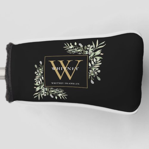 Gold Monogram Elegant Modern Greenery Black Golf Head Cover