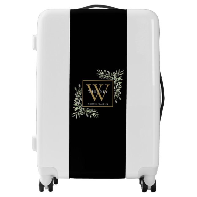 Gold Monogram Elegant Modern Greenery Black Luggage (Front)