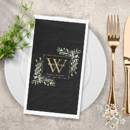 Gold Monogram Elegant Modern Greenery Black Paper Guest Towels