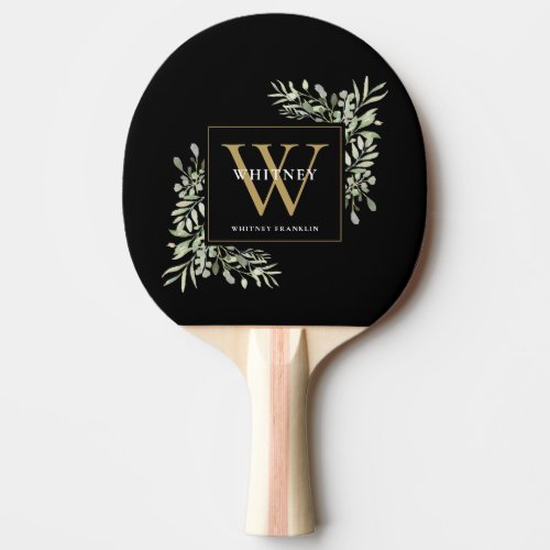 Gold Monogram Elegant Modern Greenery Black Ping Pong Paddle