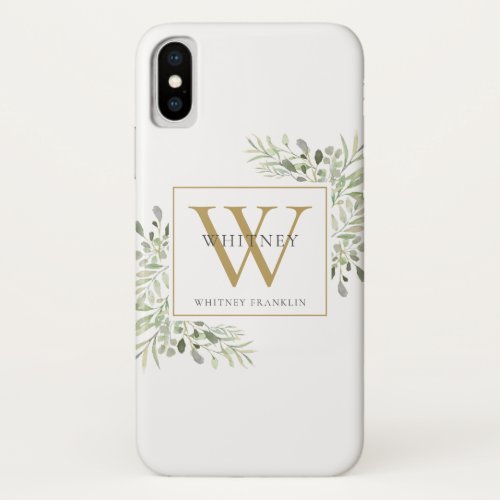 Gold Monogram Elegant Modern Greenery iPhone X Case