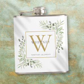 Gold Monogram Elegant Modern Greenery Flask