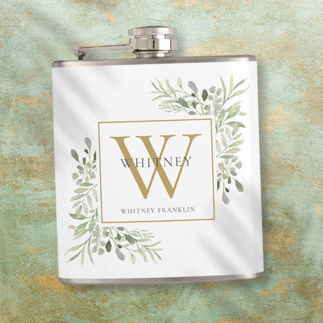 Gold Monogram Elegant Modern Greenery Flask (Gold Monogram Elegant Modern Greenery Flask)