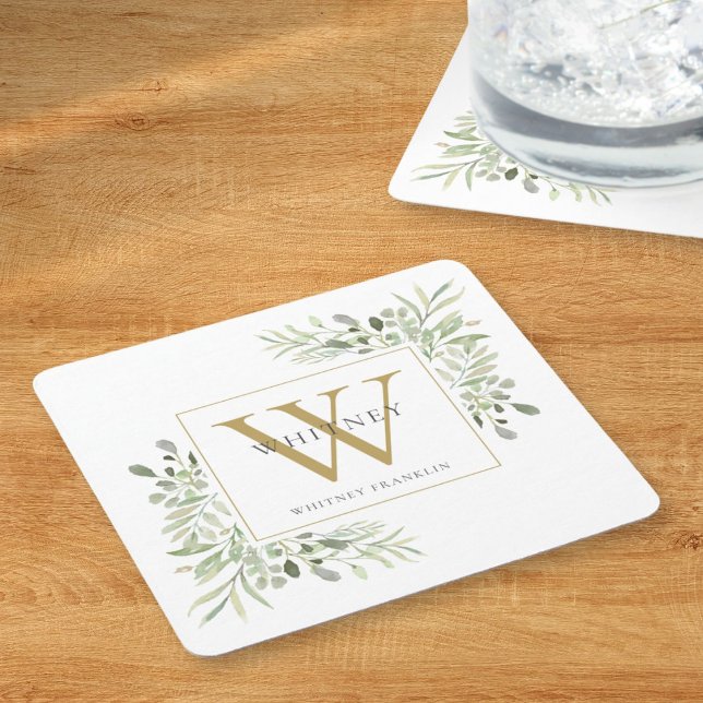 Gold Monogram Elegant Modern Greenery Floral Square Paper Coaster (Gold Monogram Elegant Modern Greenery Floral Square Paper Coaster)