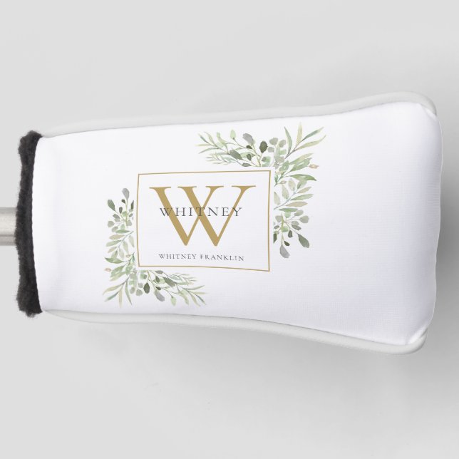 Gold Monogram Elegant Modern Greenery Golf Head Cover (Front)