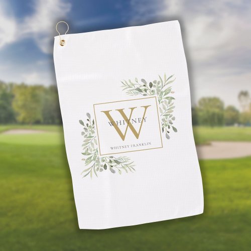 Gold Monogram Elegant Modern Greenery Golf Towel