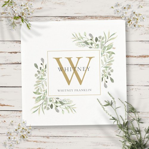 Gold Monogram Elegant Modern Greenery Napkins