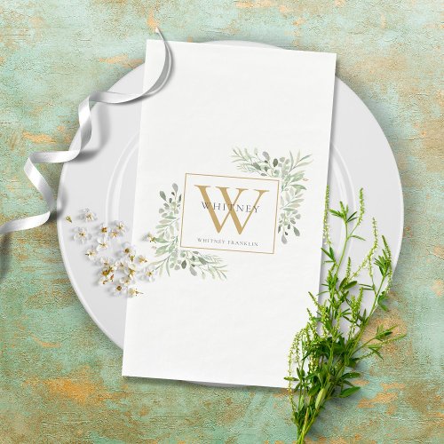 Gold Monogram Elegant Modern Greenery Paper Guest Towels