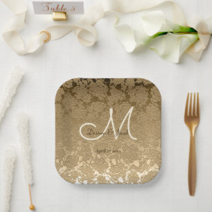 Gold Monogram Elegant Modern Wedding Paper Plates