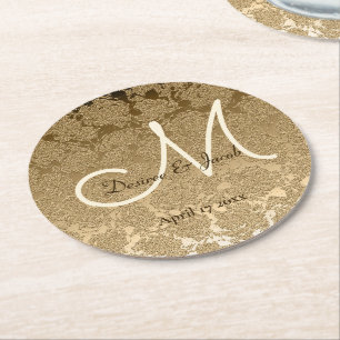 Gold Monogram Elegant Modern Wedding Round Paper Coaster