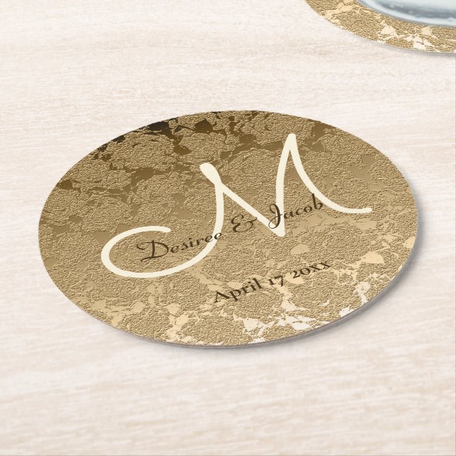 Gold Monogram Elegant Modern Wedding Round Paper Coaster (Angled)