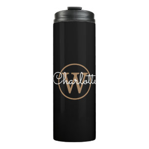 Gold Monogram Elegant Script Black Thermal Tumbler