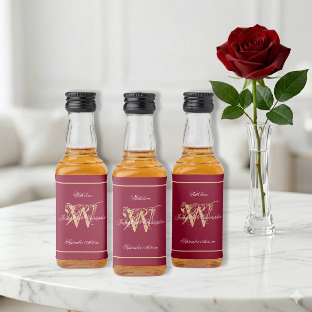 Gold Monogram Elegant Script Burgundy Red Mini Liquor Bottle Label (Make them your own. Matching items in our Burgundy Red Wedding Collection.)