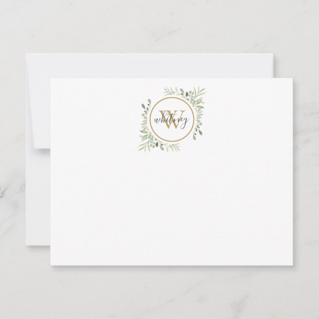 Gold Monogram Elegant Script Greenery  Note Card (Front)