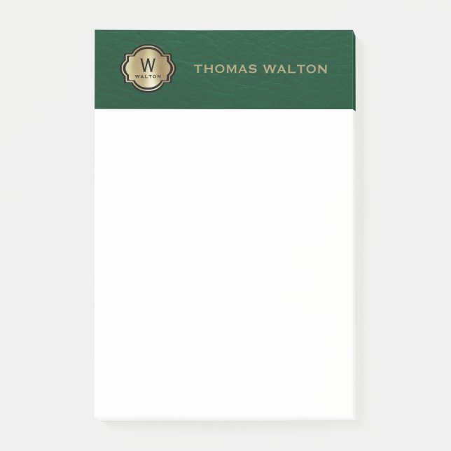 Gold Monogram Emerald Green Leather Look Elegant Post-it Notes (Front)
