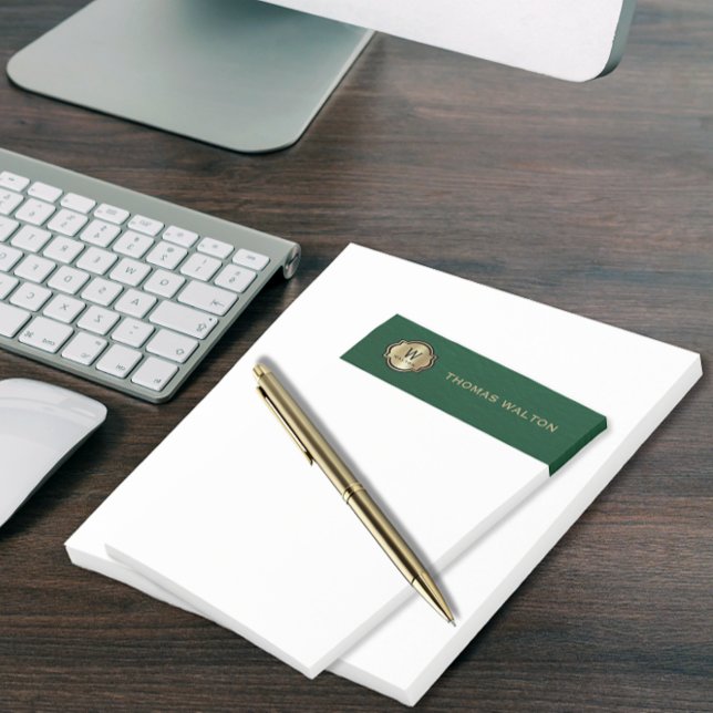 Gold Monogram Emerald Green Leather Look Elegant Post-it Notes (Creator Uploaded)