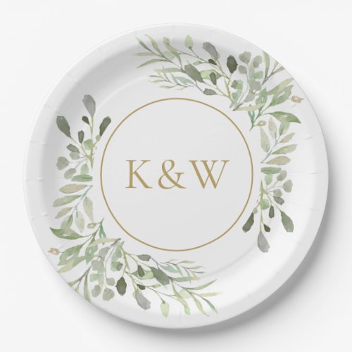 Gold Monogram Eucalyptus Greenery Paper Plates