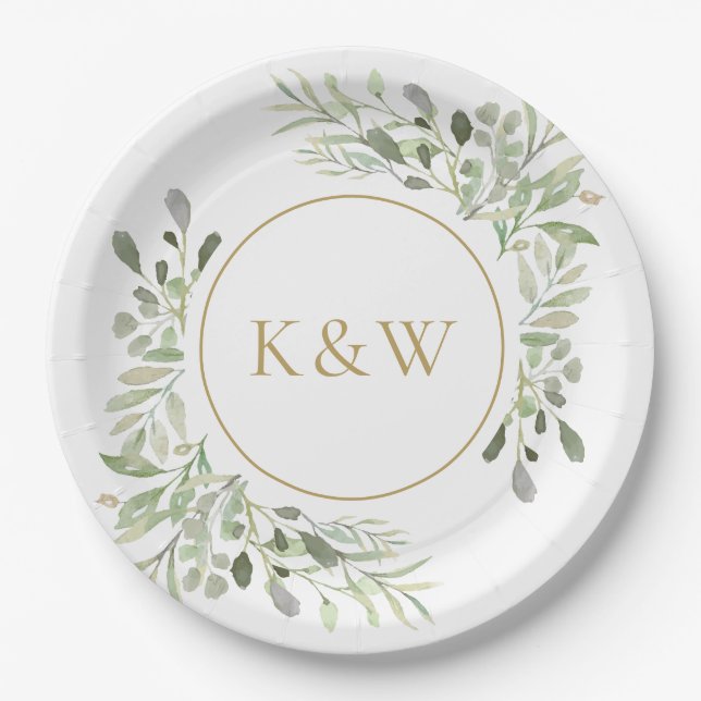 Gold Monogram Eucalyptus Greenery Paper Plates (Front)