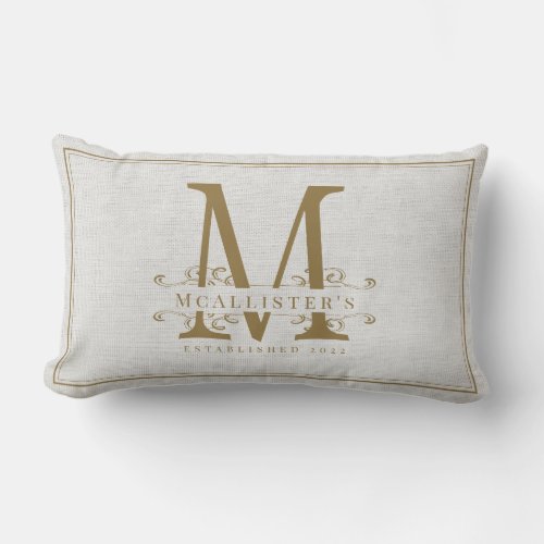 Gold Monogram Family Newlywed Elegant Linen  Lumbar Pillow