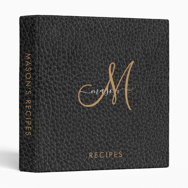 Gold Monogram Faux Black Leather Recipes 3 Ring Binder (Front/Spine)