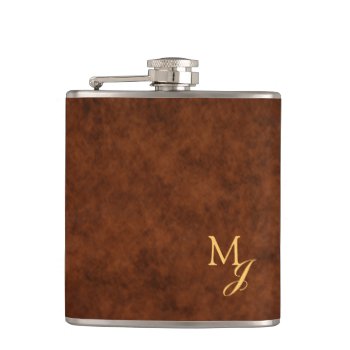 Gold Monogram Faux Brown Leather Flask by TheInspiredEdge at Zazzle