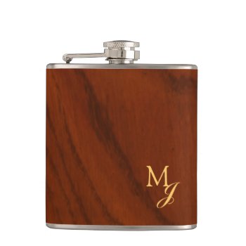 Gold Monogram Faux Wood Hip Flask by TheInspiredEdge at Zazzle