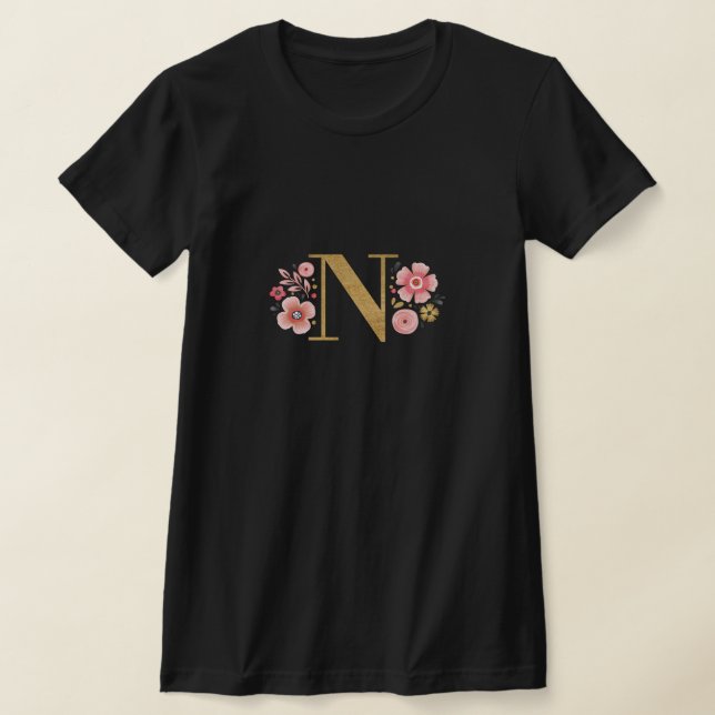 Gold Monogram Floral Letter N Initial T-Shirt