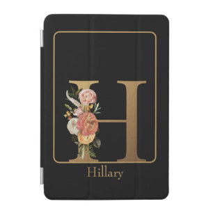 Gold Monogram Floral on Black  with Name iPad Mini Cover