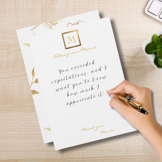 Gold Monogram Floral Personalized Note Cards (Creator Uploaded)