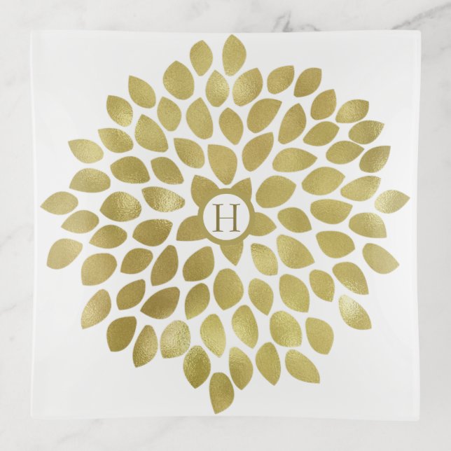 Gold Monogram Floral Trinket Tray (Front)