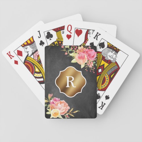 Gold Monogram  Florals on Textured Chalkboard Playing Cards