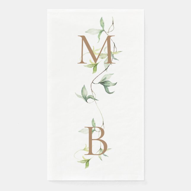 Gold Monogram Foliage White Elegant Wedding II Paper Guest Towels (Front)