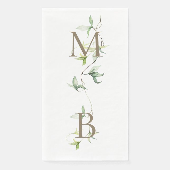 Gold Monogram Foliage White Elegant Wedding  Paper Guest Towels (Front)