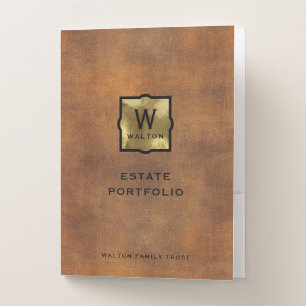 Gold Monogram Genuine Leather Look Pocket Folder