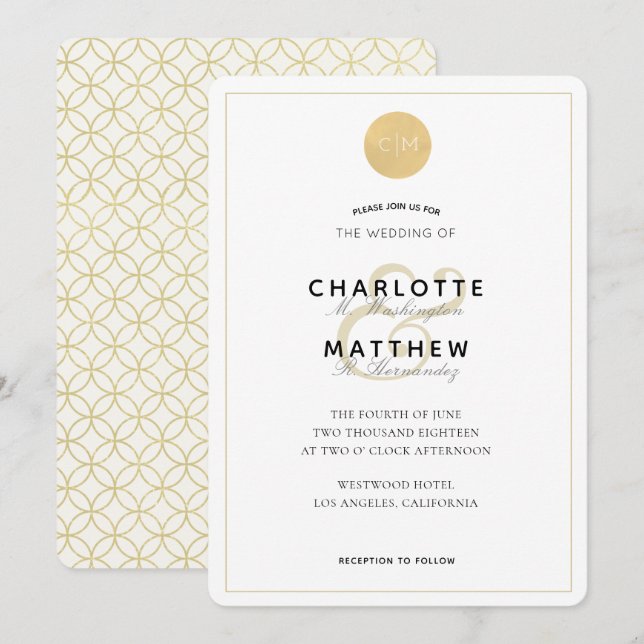 Gold Monogram Geometric Elegant Wedding Invitation (Front/Back)