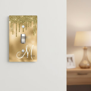 Gold Monogram Glitter Drips Pretty Girly Light Switch Cover